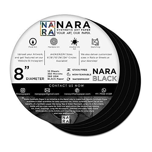 NARA Alcohol Ink Paper | Black | 8” Diameter Circle | 350 microns/360 GSM | 10 Sheets | Medium+ Paper | Paper for Alcohol Ink Art Painting | 100% Stain-Free - color: Black_Circle_Paper Sheets_05