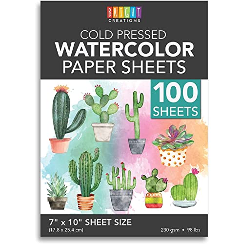 Bright Creations 100 Sheets Cold Press Watercolor Paper for Artists and Beginners (7 x 10 Inches) - size: 7 x 10 in