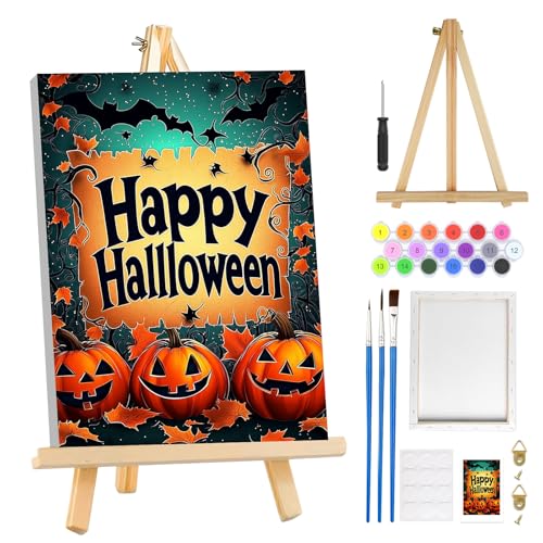MOGTAA Happy Halloween Paint by Numbers Kit for Adults Beginners with Frame, Ghost Adult Paint by Number Kits on Canvas with Easel, Easy DIY Pumokin Oil Painting Kits for Home Decor, 8x12in - color: Happy Halloween