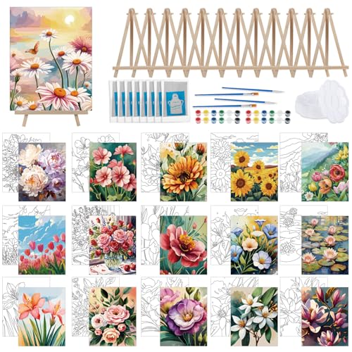Tenceur 16 Sets Pre Drawn Canvas to Paint for Sip and Paint Party, 8 x 10 Inch Preprinted Framed Pre Sketched Coloring Canvas with Easels and Brushes for Adults Party Supplies(Flower) - style: Flower