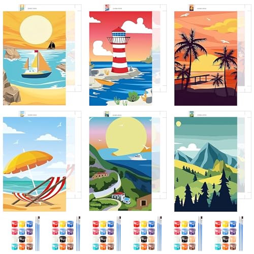 GHHKUD 6 Pack Landscape Paint by Numbers Kits for Adults, DIY Painting by Numbers for Adults Sunset Beach, Easy Painting on Canvas Arts Gifts for Home Decor 20x30cm - color: Landscape