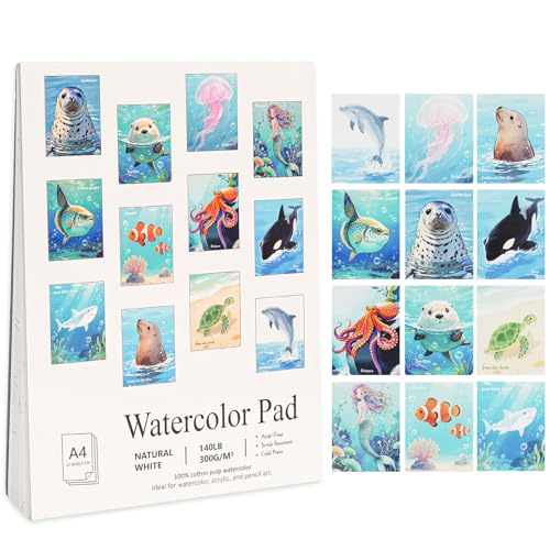 RGBMIX Watercolor Coloring Book 12 Sheets Sea Animals 9x12'' Watercoloring Paper Pad Watercolor Book for Adults Stress-Relief Painting Book Art Supplies Ideal for Beginners 100% Cotton Paper - color: SEA ANIMALS