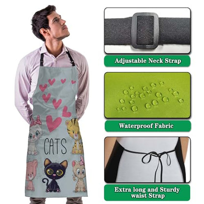 Chef Apron for Women Cute Cartoon Cats and Hearts Mans Aprons for Grilling for Kitchen Cooking Restaurant BBQ Painting Crafting 27” (W) x 31” (H), Waterproof Apron - color: Cats and Hearts
