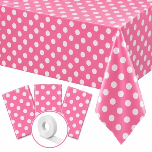 Blue Orchards Pink Polka Dots Table Cover (Pack of 3 with 20 Glue dots) - 54"x108" XL - Pink and White Dots Plastic Tablecloth, Girl Decoration, Baby Shower, Cartoon Themed Birthday Party Supplies - color: Pink Polka Dot (Pack of 3)