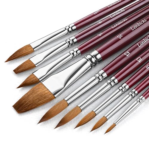 Sable Watercolor Paintbrushes Professional, lenbicki 9PCS Natural Hair Brush Set for Watercolor Painting, Acrylic, Gouache, Includes Round, Flat, Cat's Tongue - style: Multiple