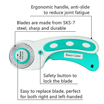 Headley Tools 45mm Rotary Cutter with 9pcs Extra Rotary Blades, Ergonomic Rolling Cutter with Safety Lock for Fabric, Sewing, Quilting, Cloth, Paper, Leather, Crafting, Fabric Rotary Cutter (Cyan) - color: Cyan, size: 45mm