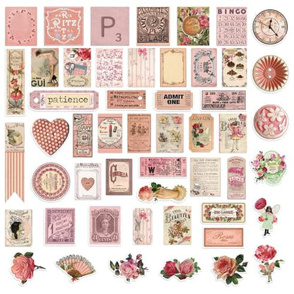 Bomichi Vintage Stickers, 102 Pcs Scrapbooking Supplies for Bullet Journals, Planners, Letter, Card Album Making, Collage Art, Crafts, Water Bottle - style: Rose