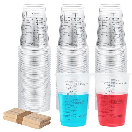 Plastic Measuring Cups with Mixing Sticks, 8 oz Clear Cup, 50 Pack | Disposable measuring cups with sticks, DIY mixing accurate oz ml cc scales for resin paint baking
