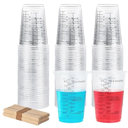 Plastic Measuring Cups with Mixing Sticks, 8 oz Clear Cup, 50 Pack | Disposable measuring cups with sticks, DIY mixing accurate oz ml cc scales for resin paint baking