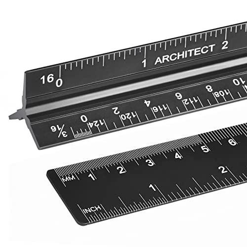 Architectural Scale Ruler with Straight Ruler, 12 Inches Imperial Measurements, Blcak Laser-Etched Aluminum Architect Triangular Ruler for Architects, Engineers, Architects, Students and Draftsman | Black, Laser-Etched Aluminum Architect Triangular Ruler