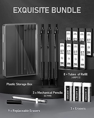 Four Candies Metal Mechanical Pencil Set with Case, 0.7mm, 3-Pack, Black | 480PCS HB Lead Refills, 3 Erasers+9 Eraser Refills, Anti Grip, for Drafting, Engineering, Technical Drawing, Art Projects - color: Black, style: 0.7 MM