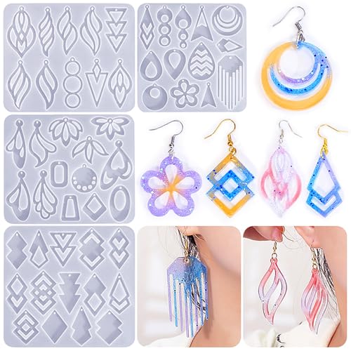 104Pcs Geometric Resin Earring Molds Kit, Irregular Shaped Earrings Silicone Mold for Epoxy Resin Dangle Drop Jewelry Molds Making Kit with 100 Earring Hook for Earrings Necklace Pendants (clear) - color: clear