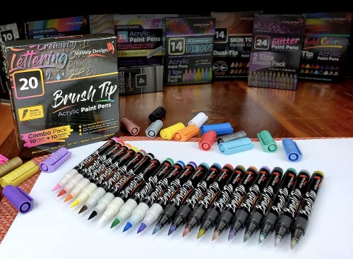 20 Brush Tip Acrylic Paint Pens, Classic and Metallic Color Double Pack, Flexible Tip Brush Paint Markers for Lettering and Creative Painting, Rocks, Mugs, Ceramic, Glass, Most Surfaces - Water Based - color: Classic & Metallic Brush-Tip