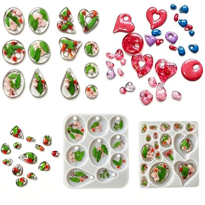 2Pcs Silicone Resin Casting Mold Set for Jewelry Pendants, Round, Oval, Heart and Teardrop Shapes with Hole Silicone Mold for Crafts Keychain Earrings Pendant Epoxy Resin Jewelry Making