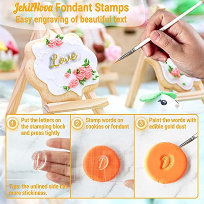 4PCS Alphabet Cake Stamps Tool with Brushes for Fondant Cookie Biscuit | Cute Handwriting Food Grade Fondant Letter Stamp Uppercase Lowercase Numbers Words Reusable Cookie Stamp for Christmas Party - color: D and Brush
