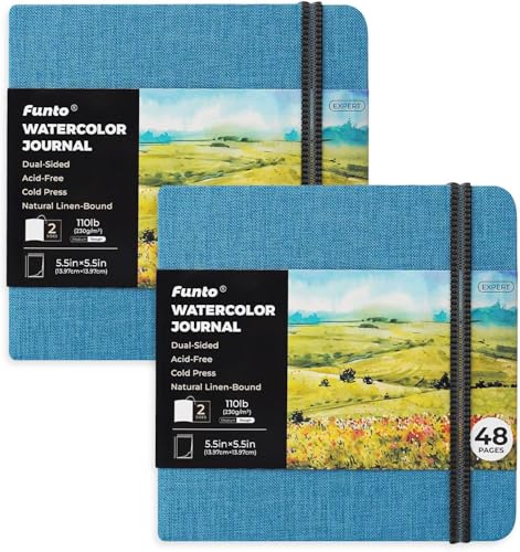 Funto Watercolor Journal, Square, 5.5x5.5, Portable 2-Pack, 48 Pages Each, Blue Cover, 110lb/230gsm, Art Supplies for Mixed Media - color: Blue