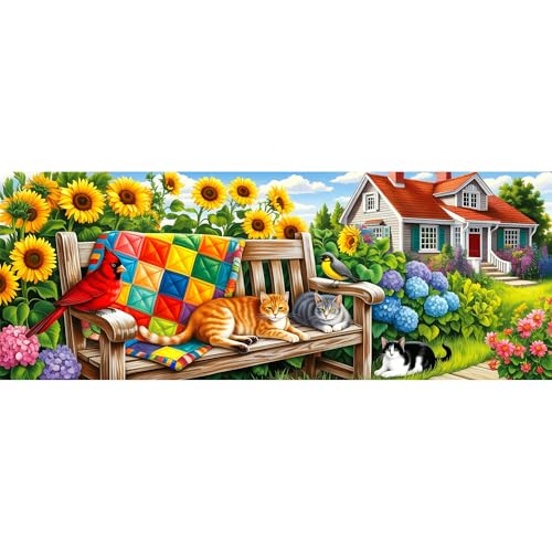 Reofrey Large Diamond Art Kits for Adults Garden Cat, 12x31.5 inch Full Drill Round Rhinestone Big Diamond Painting Kit, DIY Cross Stitch Embroidery Canvas for Crafts Home Wall Decor - color: Garden Cat