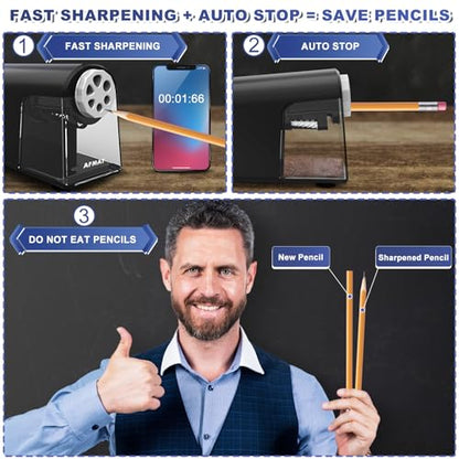 AFMAT Electric Pencil Sharpener for Classroom, 6 Holes, Heavy Duty Pencil Sharpeners for Home, Pencil Sharpener Plug in for 6-11mm Pencils, Auto Stop, Super Fast, Save Pencils, PSX2 - color: Black