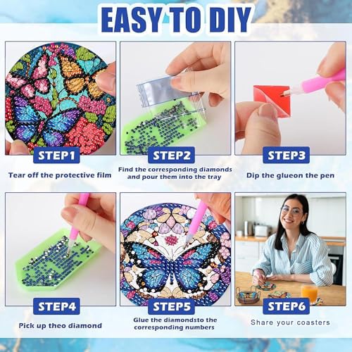 Mrnsiet 8 Pcs Butterfly Diamond Painting Coasters Kits with Holder, DIY Butterfly Diamond Art Coaster Non Slip Coaster for Tabletop Protection 4x4 Inch - color: BD8P2404
