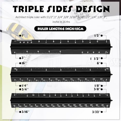 Fumete 12 Pack 6 Inch Architectural Engineering Scale Rulers Small Scale Ruler Pocket Size Scale Ruler Construction Rulers Imperial Measurements for Architects Engineering, Draftsman Drawing(Black) - color: Black