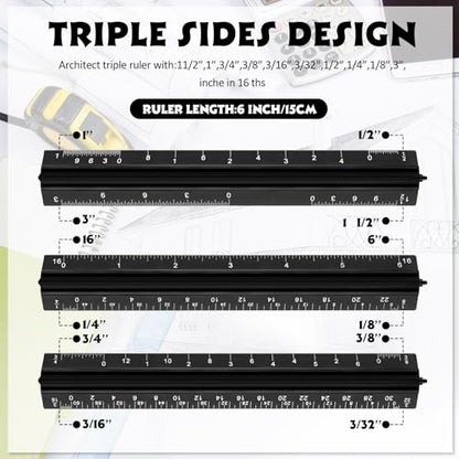 Fumete 12 Pack 6 Inch Architectural Engineering Scale Rulers Small Scale Ruler Pocket Size Scale Ruler Construction Rulers Imperial Measurements for Architects Engineering, Draftsman Drawing(Black) - color: Black