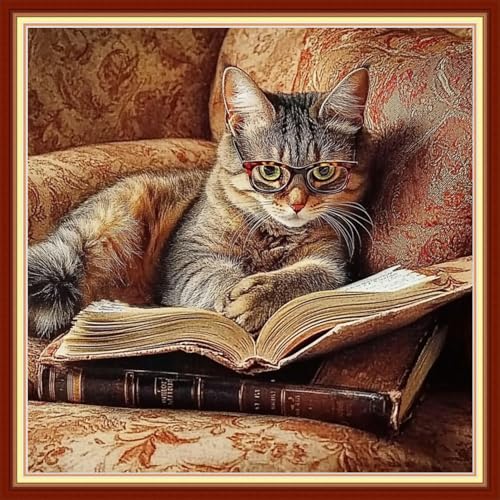 Fanxvivy Stamped Cross Stitch Kits for Beginners Full Range of Cross Stitching Preprinted Embroidery Kits for Adults, 11CT Embroidery Pattern Needlepoint Kits-A cat Reading with Glasses 18x18 inch - color: Artdesign43