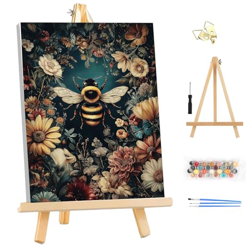 EOBROMD Framed Paint by Numbers Kits for Adults - Wooden Easel, Bee Flowers DIY Kits Crafts for Beginner, Painting on Stretched Canvas, Oil Paint by Numbers for Home Decor Gift 10x14 Inch - color: LG017