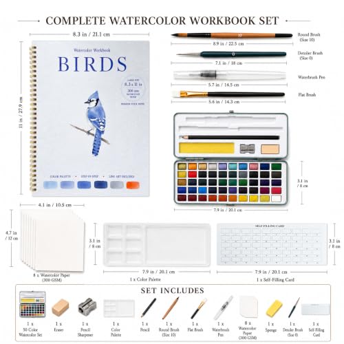 Drawmend Watercolor Paint Set & Workbook for Beginners, 50 Colors, 4 Brushes, 12 Step-by-Step Projects, 300 GSM Paper, 11 x 8.3 in Lay-Flat Book for Adults,Creative Art Gift (Birds, with Palette) - color: Birds, size: With Palette