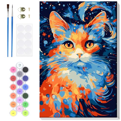 Bowetile Cat Paint by Numbers for Adults Beginners Framed, Easy Adults' Paint-by-Number Kits, DIY Adult Paint by Number Kits on Canvas, Animals Acrylic Number Painting for Home Decor, 8x12in - color: Coloful Cat