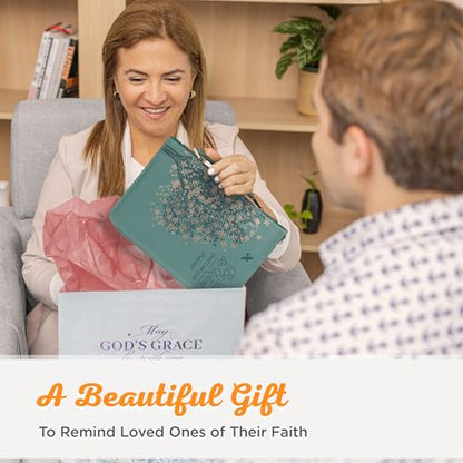 Christian Art Gifts Faux Leather Bible Cover: Be Still & Know Teal Floral | Psalm 46:10 Bible Verse, Handle, Sleeves, Pocket Storage, Pen Loops, Zipper, Encouragement Gifts for Women, Medium - size: Medium