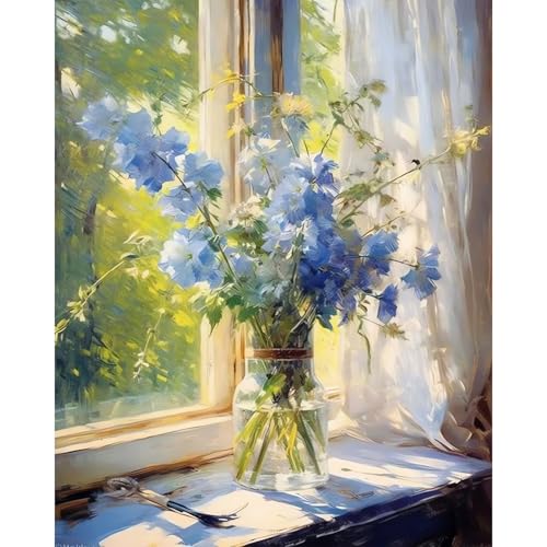 HITIRECOVI Flowers Paint by Number Adult,Windowsill Flowers Paint by Number Canvas for Adults,Paint by Numbers,DIY Canvas Paint by Numbers for Adults for Gifts Home Wall Decor 16x20inch - color: Windowsill Flowers