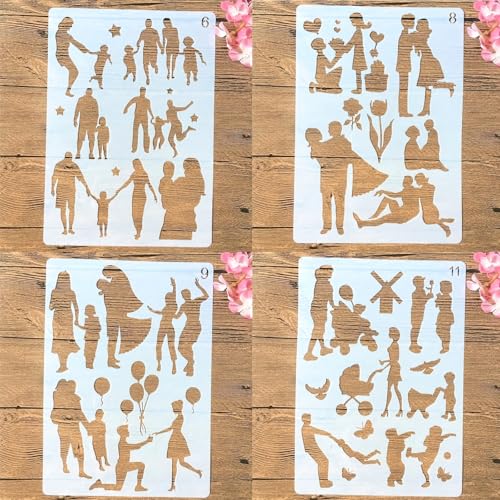 TIAMECH 4 Pcs A4 Reusable Family Stencils for Painting | Parents & Couple Lover Layering Templates, DIY Wall Art, Wood Furniture, Scrapbook & Crafts (8.3x11.7inch) - style: Family