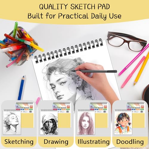 WINNER 9" x 12" Sketch Book 4 Pack, 400 Sheets Spiral Bound Art Sketchbook, 68lb/100gsm White Acid Free Drawing Pad, Sketching Doodling Drawing Writing Sketch Pad, Back to School Art Supplies, Yellow - color: Yellow, size: 9"x12"