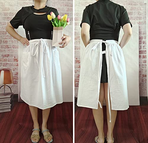 Unisex Chef Aprons White Retro Cotton Maid Short 2 Pockets Waist Waiter Waitress Half Apron - color: Cotton White