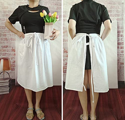 Unisex Chef Aprons White Retro Cotton Maid Short 2 Pockets Waist Waiter Waitress Half Apron - color: Cotton White