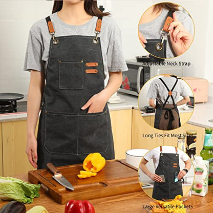 Tosewever 2 Pack Canvas Cross Back Chef Apron for Men Women with Pockets, Cotton Tool Aprons for Cooking Kitchen BBQ Artist - color: Black