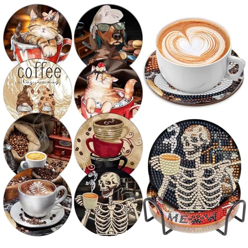 8 Pcs Diamond Art Painting Coasters with Holder, DIY Coffee Cups Animals Diamond Art Coasters for Drinks Diamond Art Painting Kits for Beginners, Diamond Kits Craft Supplies for Adults Kids - color: Coffee Cups