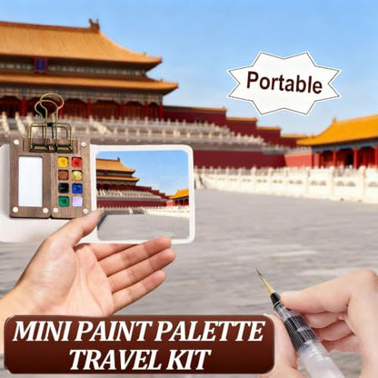 Mini Watercolor Paint Set, Portable Travel Watercolor Palette with 12 Colors, 3 Brushes, Picture Album & Binder Clips, 8-Grid Wooden Pocket Paint Box