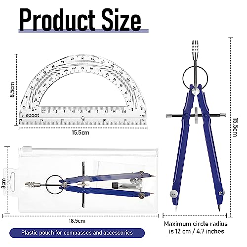 EBOOT Student Geometry Math Set, Metal Drawing Compass and 6 Inch Clear Swing Arm Protractors 180 Degree Math Protractor(Blue) - color: Blue