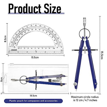 EBOOT Student Geometry Math Set, Metal Drawing Compass and 6 Inch Clear Swing Arm Protractors 180 Degree Math Protractor(Blue) - color: Blue