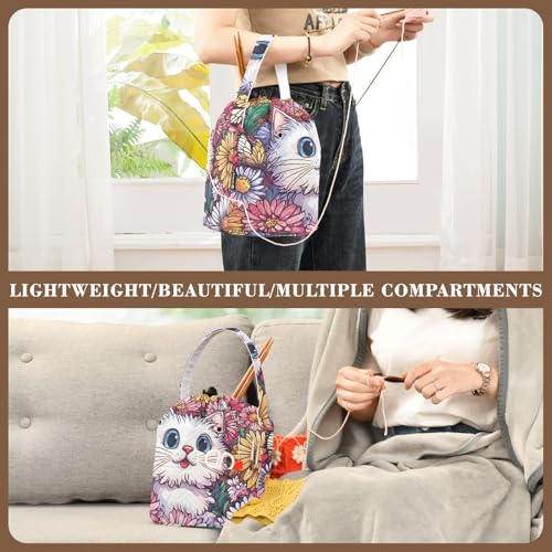 Cute Chrysanthemum Cats Butterflies Yarn Bag Small Crochet Bag Drawstring Yarn Storage Organizer Knitting Project Bags Potable Yarn Holder with Holes Handle Crocheting Needles Knitting Access - color: Cute Chrysanthemum Cats Butterflies