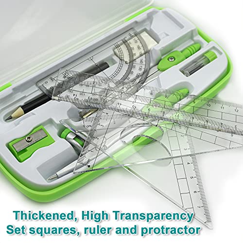 Akuoly Geometry Compass Kit Starter Maths Set with 2 Drafting Compasses Protractor Set Squares Ruler and More for Students Maths Study, Green