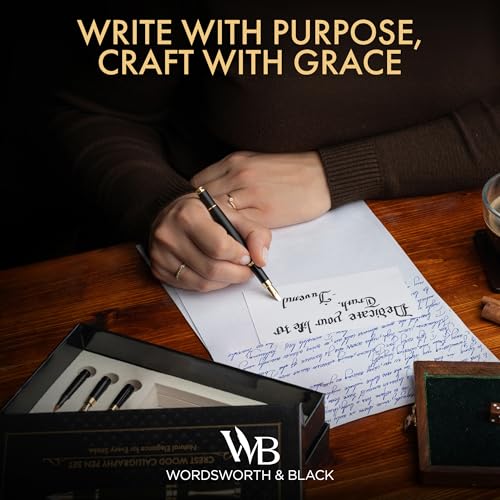 Wordsworth & Black Luxury Bamboo Black Calligraphy Pen Set, 6 Nibs | Fountain Ink Bottle, Cartridges , Refill Converter, Gift for Men , Women, Smooth Writing, Journaling , Lettering - color: Black Wood
