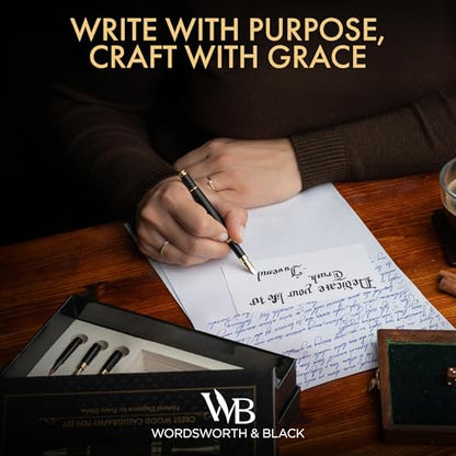 Wordsworth & Black Luxury Bamboo Black Calligraphy Pen Set, 6 Nibs | Fountain Ink Bottle, Cartridges , Refill Converter, Gift for Men , Women, Smooth Writing, Journaling , Lettering - color: Black Wood