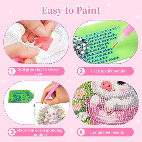 Arttoplus Pig Diamond Art Kits for Kids with Round Frame 8x8 inch - color: CC1125-US