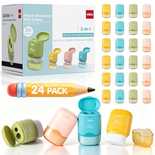 Deli Pencil Sharpener & Eraser, 24 Pack Pencil Sharpeners Manual | Dual Holes Compact Colored Handheld Pencil Sharpener with Lid for Kids, School, Office - size: 24 Pack
