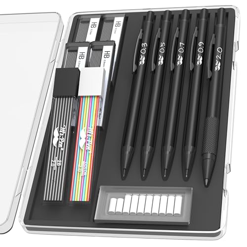 Mr. Pen- Metal Mechanical Pencil Set with Lead Refills & Erasers, 5 Pack | 5 Sizes, 0.3, 0.5, 0.7, 0.9 & 2mm, 6x Tubes HB, 2B & Colored Lead Refills for School Supplies, Note Taking, Fathers Day Gift