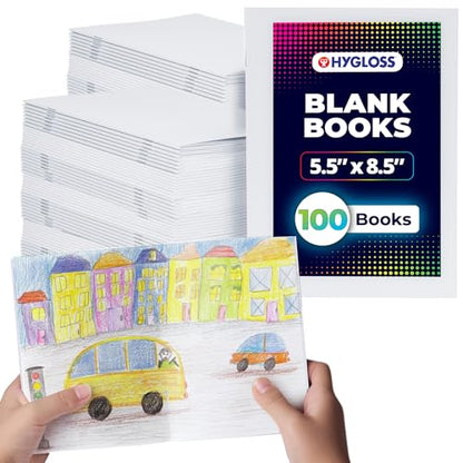 Hygloss Blank Books - Bulk 100 Pack – 5.5" x 8.5" A5 White Paperback Blank Books for Kids to Write Stories, Doodle, Arts & Crafts – Plain Drawing Sketchbook, Unlined Journal, Notebook Without Lines - color: White, style: 100 Books