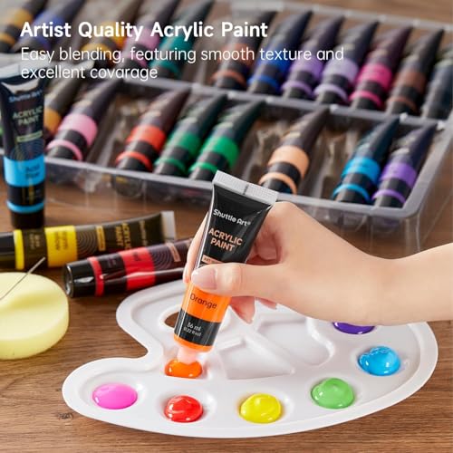 Shuttle Art 30 Colors Acrylic Paint Set, 36ml Tubes with 3 Brushes, Artist Grade Acrylic Paint, for Kids Adults Beginners, Painting on Crafts Canvas Wood Rocks
