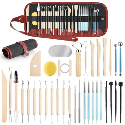 UUSYCUN 36PCS Pottery & Clay Sculpting Tools, Ceramics Polymer Tools Set, Clay Modeling Tools with Case for Air Dry Clay, Carving, Molding, Pottery Wheel, Crafting Supplies, Pros, Beginners, Adults - color: Wood-36PCS